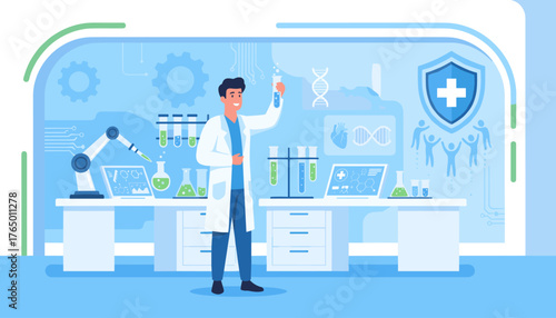 A scientist in a white lab coat holds up a test tube filled with blue liquid, conducting research and development in a modern laboratory with robotic arms, DNA helixes, and medical icons displayed on