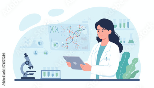 A female scientist in a white lab coat is using a tablet to analyze DNA structures displayed on a futuristic holographic interface, surrounded by lab equipment like microscopes and test tubes