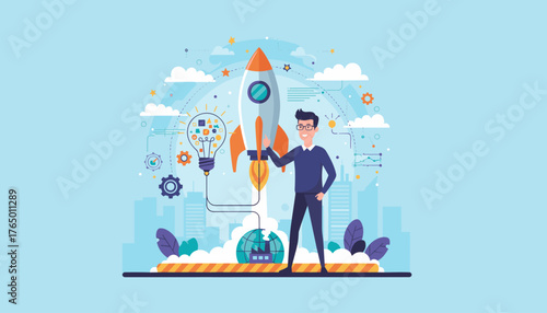 Vibrant illustration of a businessman launching a rocket, symbolizing startup growth and innovation, with a glowing lightbulb representing a business idea and gears indicating process, set against a