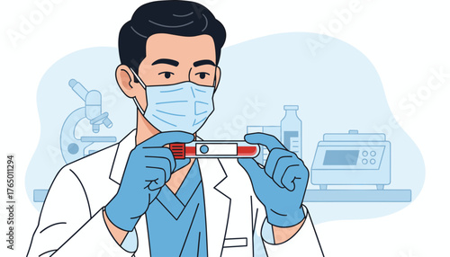 A scientist wearing a mask and gloves holds a blood sample tube, with a microscope and laboratory equipment in the background, symbolizing medical research and the fight against diseases like
