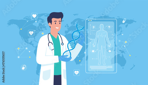 A smiling male doctor in a white lab coat and stethoscope holds a glowing blue DNA helix structure, with a digital interface displaying a human body scan and medical icons against a world map