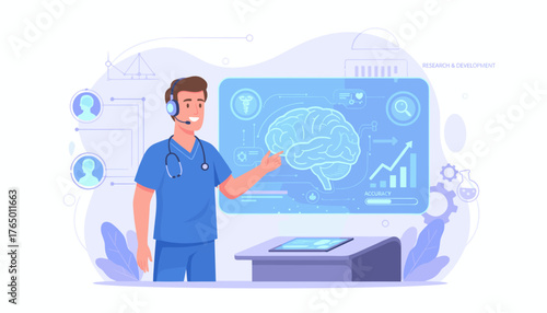 A medical professional wearing a headset and stethoscope interacts with a futuristic holographic display showcasing a human brain, data analytics, and research symbols, representing advancements in