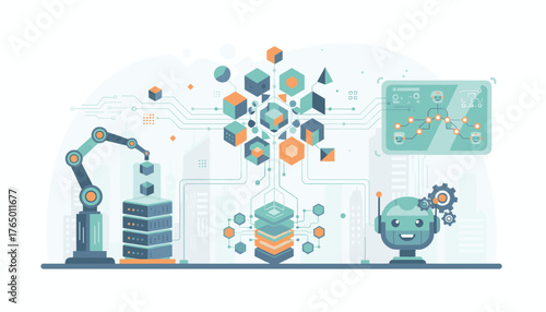 Vibrant illustration of modern technology and machine learning, featuring a robotic arm assembling data cubes, a complex network of geometric shapes representing AI algorithms, and a friendly robot