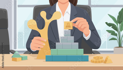 Close-up of a businesswoman in a dark suit meticulously stacking wooden blocks to build a pyramid, symbolizing team building, career growth, and strategic planning in a modern office setting with a