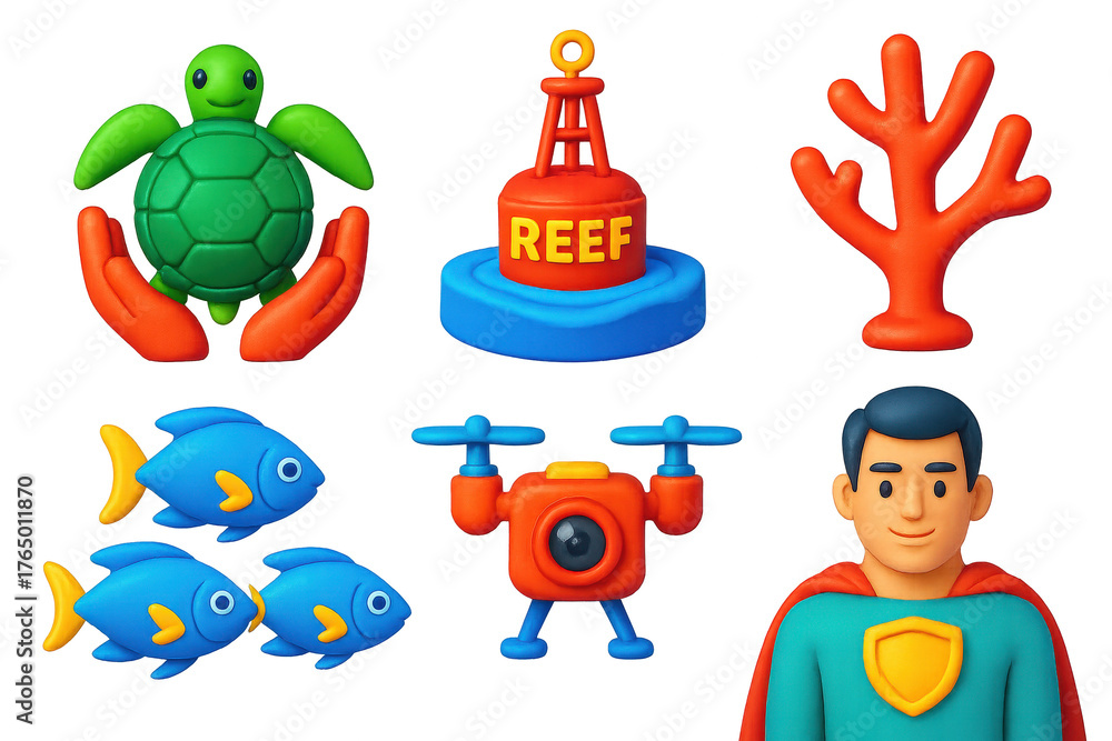 Fototapeta premium Marine Conservation Icons. 3D icon set of marine conservation: turtle rescue, reef protection buoy, coral branch, fish school,