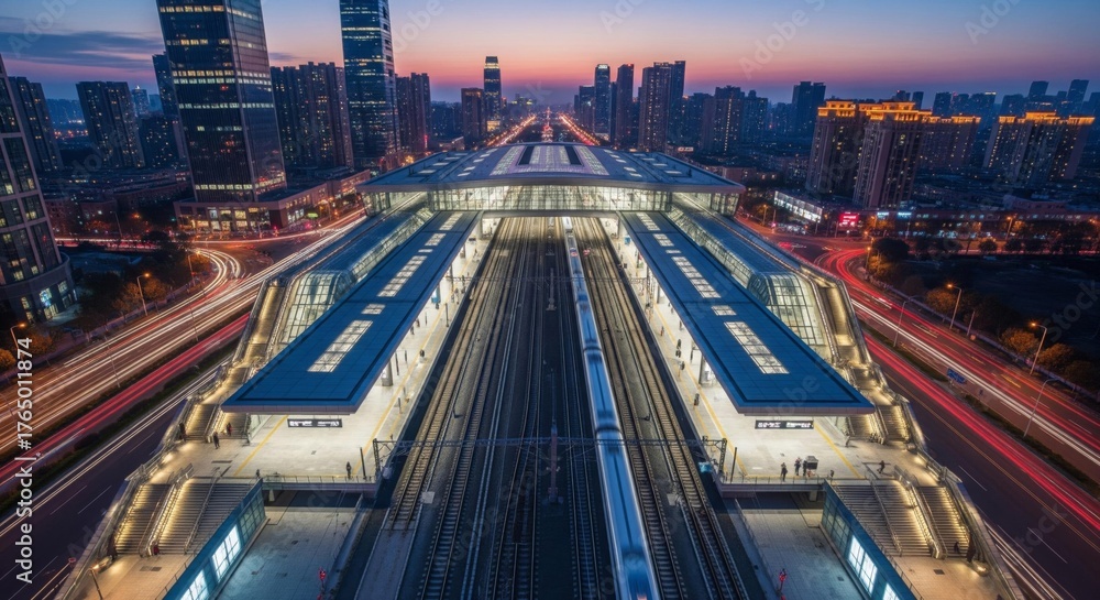 Obraz premium Aerial view of a modern train station at dusk, with illuminated platforms, tracks, and a cityscape skyline in the background.