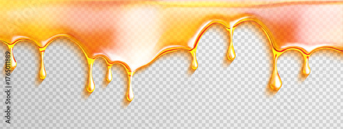 Caramel honey gooey oil melt with background syrup, vector flow and drip. Golden drop or stream with tasty candy. Sticky splash for dessert or food layout.