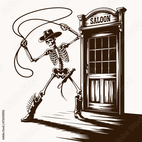 Spooky Skeleton Cowboy Wielding Lasso Outside Vintage Saloon Door