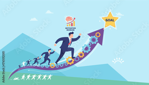 Vibrant vector illustration depicting a determined businessman leading a team up a rising arrow graph towards a golden star labeled 'GOAL', symbolizing motivation, growth, and achievement in business