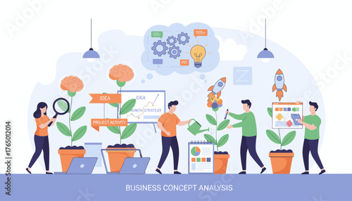 Vibrant vector illustration depicting a business concept analysis, with diverse people nurturing potted plants symbolizing growth, ideas, and project activities, featuring elements like brains