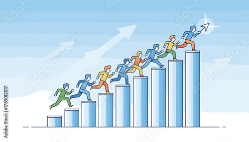 Vibrant vector illustration depicting a group of diverse people running up a rising bar graph, symbolizing progress, teamwork, and achieving goals, with a star target at the apex, set against a clear