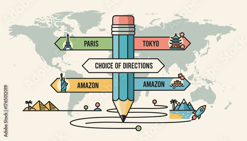 Creative concept of choice of directions illustrated by a giant pencil pointing towards different travel destinations like Paris, Tokyo, and Amazon, with iconic landmarks and a world map background