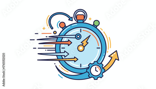 Dynamic vector illustration of a blue stopwatch with a lightning bolt on its face, symbolizing speed and efficiency, set against a clean white background with motion lines and arrows indicating rapid