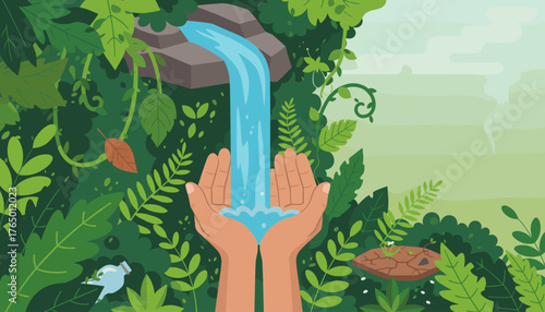 Vivid illustration of a refreshing waterfall cascading into cupped human hands, surrounded by abundant, lush green foliage and tropical plants, symbolizing nature's bounty and the preciousness of