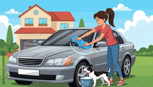 A cheerful young woman with a ponytail is washing a metallic gray sedan in the driveway of her suburban home, assisted by her playful black and white dog and a bucket of soapy water, on a bright
