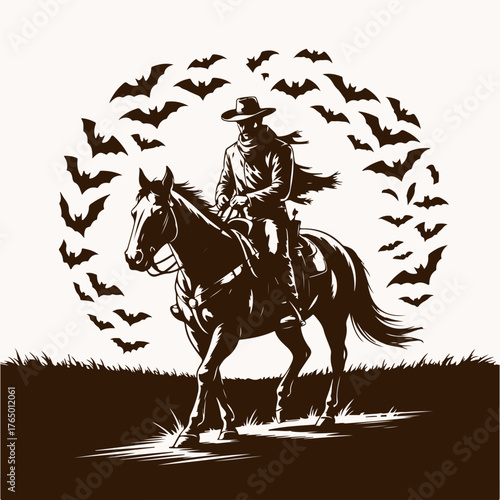 Eerie Western Journey A Lone Horseman Shrouded in Darkness, Pursued by a Swirling Vortex of Shadowy Bats