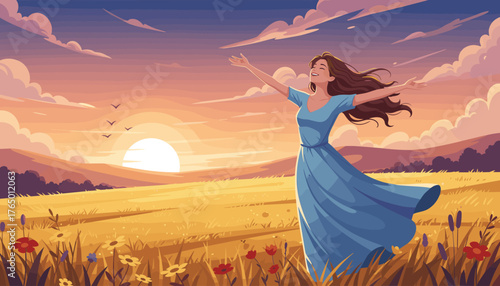 Joyful woman with arms outstretched embracing the fresh air and golden sunset in a vibrant meadow filled with wildflowers, symbolizing freedom, happiness, and connection with nature.