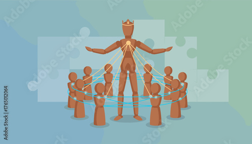 Conceptual illustration of a central wooden mannequin figure wearing a crown, symbolizing leadership or a key player, connected by glowing lines to a circle of smaller wooden figures representing a