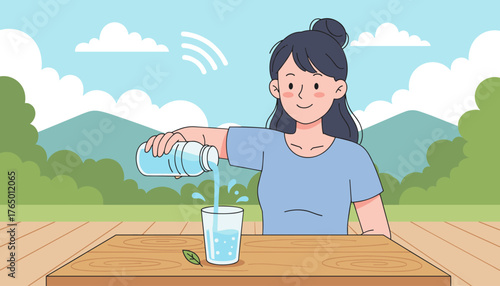 A young woman with dark hair in a bun, wearing a blue t-shirt, pours clear, refreshing water from a plastic bottle into a glass on a wooden table outdoors, surrounded by lush green trees and distant