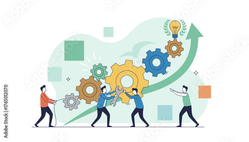 Teamwork and cooperation concept illustration: diverse people collaborate to assemble gears, symbolizing synergy, problem-solving, and achieving success with a bright idea lightbulb and upward growth