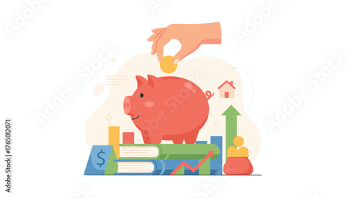 A woman's hand carefully inserts a golden coin into a cheerful pink piggy bank, symbolizing savings and financial growth, with stacks of books, charts, and a small house in the background
