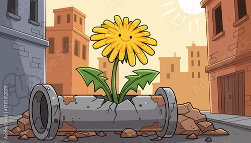 A cheerful, anthropomorphic yellow dandelion flower with a smiling face sprouts resiliently from a cracked, broken concrete pipe on a city street, symbolizing hope and nature's persistence against