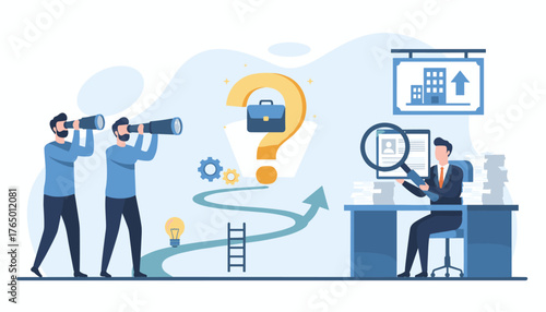 Business concept illustration of searching for employees and vacant positions, with people looking through telescopes, a question mark, a briefcase, a ladder, a lightbulb, and a manager reviewing