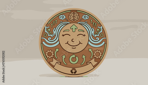 Circular wooden emblem featuring a stylized, happy, smiling face with flowing hair, representing relaxation and positive thinking, surrounded by gears, arrows, clouds, and a recycling symbol