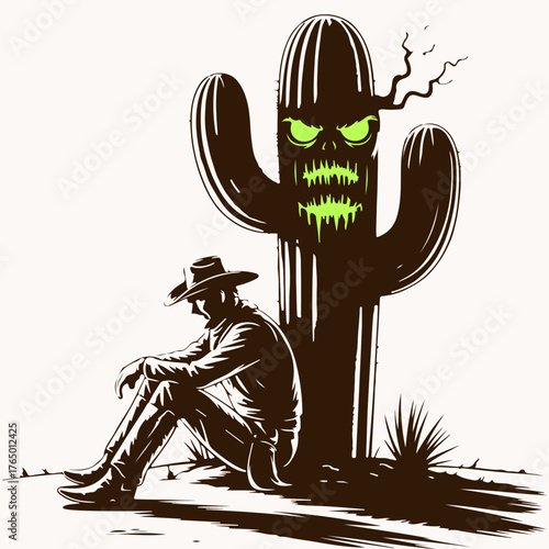 Spooky Cactus and Cowboy Silhouette in a Desert Landscape Illustration