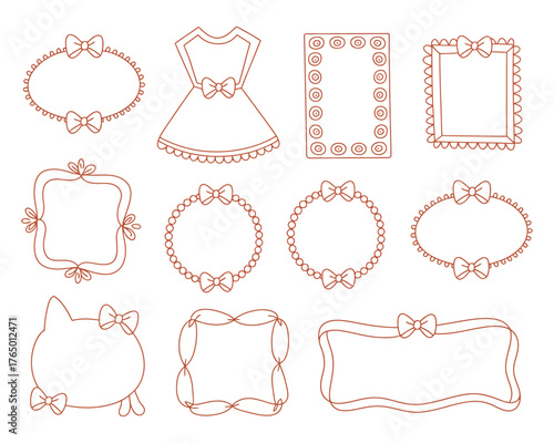 Set of hand-drawn decorative doodle frames with cute bows and ribbons