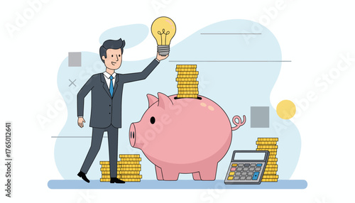 Creative businessman holding a bright lightbulb above a pink piggy bank filled with gold coins, symbolizing financial growth and innovative investment strategies, with a calculator nearby for