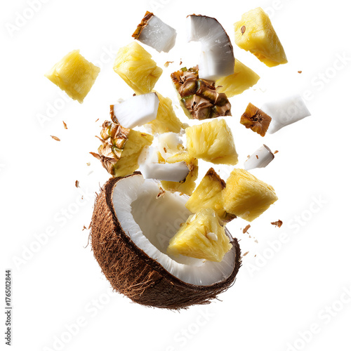 Falling coconut and pineapple chunks, isolated on transparent background