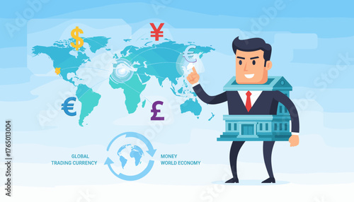 Global currency exchange concept with a businessman touching the world map, showcasing international trade and financial markets with currency symbols like dollar, euro, yen, and pound, representing