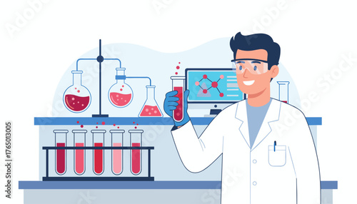 A smiling scientist in a lab coat and safety goggles holds up a test tube filled with red liquid, surrounded by various laboratory equipment including flasks, beakers, and a computer displaying