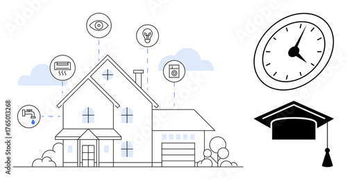 Modern home connected to smart systems including lighting, surveillance, water, and appliances. Clock emphasizes punctuality. Graduation cap highlights learning values. Ideal for technology