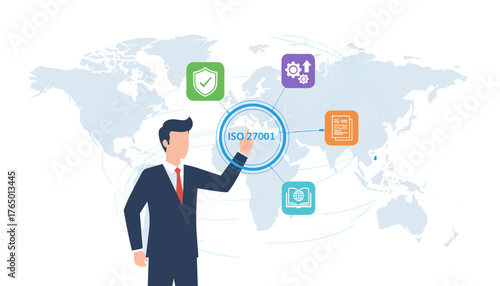 ISO 27001 concept, a businessman in a suit pointing to the ISO 27001 certification on a world map background, surrounded by icons representing security, compliance, and knowledge, illustrating global