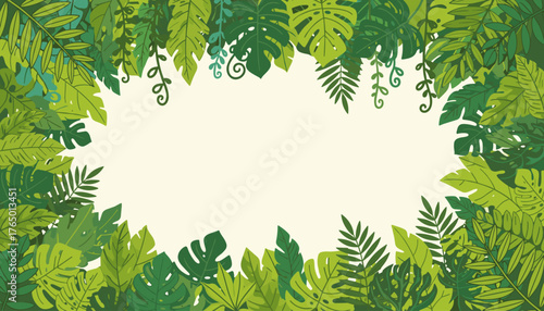 Vibrant and Lush Green Tropical Leaves Border with Ample Copy Space, Evoking a Sense of Exotic Paradise and Natural Beauty, Perfect for Summer Designs and Jungle Themes