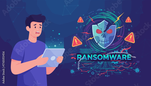 Cybersecurity threat: A worried person holding a tablet is alerted to a ransomware attack, depicted by a cracked skull shield, warning signs, and digital virus icons, symbolizing data breach and