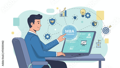 Modern flat illustration of a man in a blue suit interacting with a laptop displaying MBA programs, surrounded by icons representing business growth, global reach, strategy, and success, symbolizing
