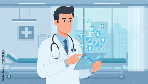 Modern doctor in a white coat with a stethoscope, interacting with a futuristic holographic interface displaying medical icons and data, set in a clean hospital room with beds and a city skyline