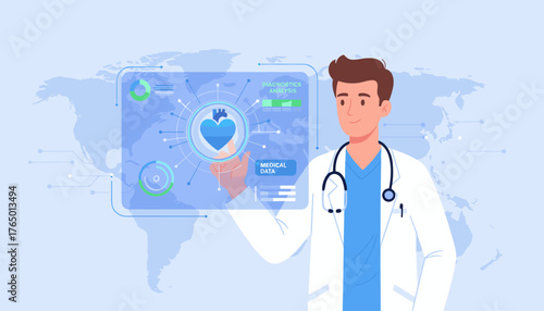 A smiling doctor in a white lab coat with a stethoscope around his neck interacts with a futuristic holographic interface displaying a heart icon, diagnostic data, and medical charts, set against a