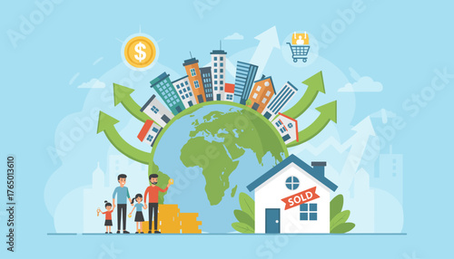 Conceptual illustration of a thriving global real estate business, featuring a family celebrating a new home with a 'Sold' sign, surrounded by coins, cityscapes, and upward trending arrows