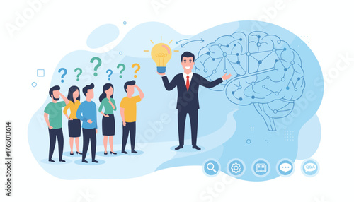 A confident businessman holding a glowing light bulb, symbolizing a brilliant idea or solution, stands before a group of confused people with question marks above their heads, next to a stylized