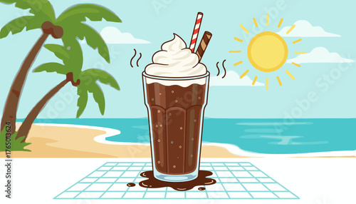 Refreshing cold chocolate beverage with whipped cream and wafer stick, served on a beach with palm trees and a bright sun, perfect for summer vacation and tropical relaxation.
