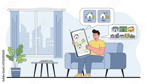 Young man sitting on a sofa, holding a smartphone displaying a real estate map with house icons, contemplating buying or selling property, with a cityscape visible through the window and a collection
