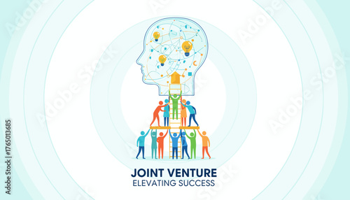 Vivid illustration of a diverse team of people collaborating to build a ladder, symbolizing joint venture and teamwork, leading to a stylized human head filled with ideas and lightbulbs, representing