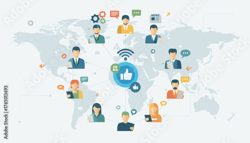 Global network of people communicating and sharing information via digital devices, represented by flat icons connected across a world map, symbolizing social media, connectivity, and business