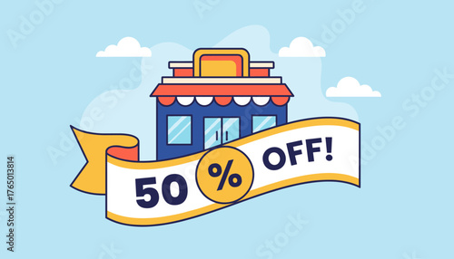 Vibrant vector illustration of a store flyer or poster banner announcing a 50% off sale, featuring a stylized storefront with a prominent ribbon and discount percentage against a clear blue sky with
