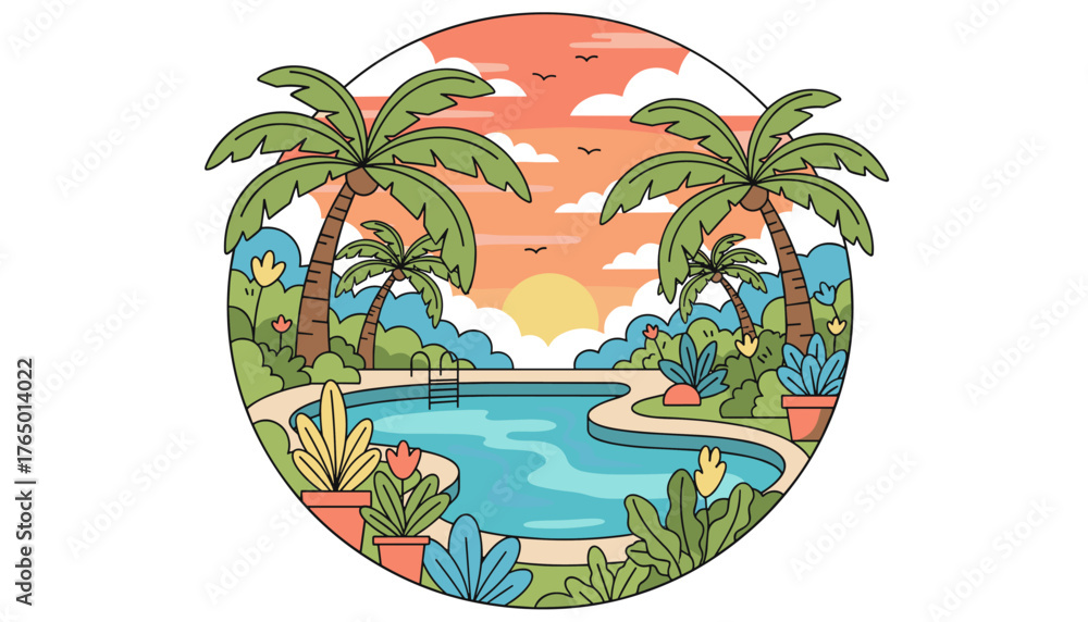 Fototapeta premium Vibrant illustration of a tropical swimming pool scene at sunset, featuring lush palm trees, colorful potted plants, and a serene body of water, evoking a sense of vacation and relaxation in a