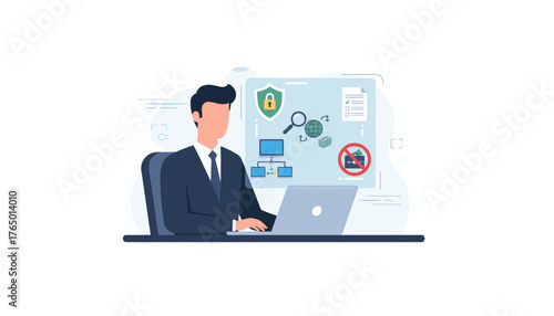 Vivid illustration of a businessman in a suit working on a laptop, with a digital infographic displaying anti-money laundering (AML) concepts including a shield with a padlock, magnifying glass